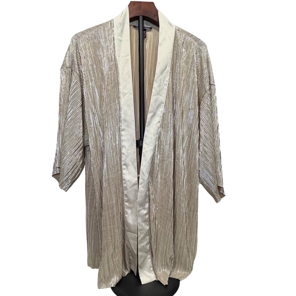 Victoria's Secret Gold Metallic Plisse Kimono‎ Robe Pleated Satin Trim NO BELT
